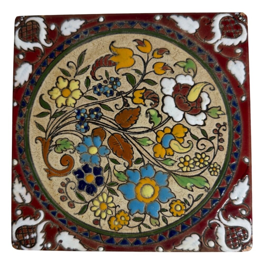 Sevillarte Sevilla Spain 6" Square Tile Trivet Hand Painted Handcrafted Floral
